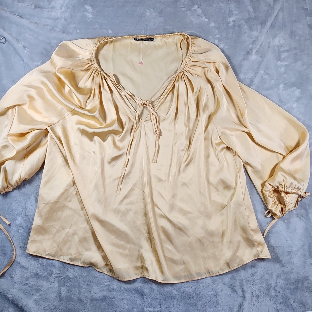 ZARA Woman Butter Yellow Satin Pullover DrawString Blouse Size L Old Money